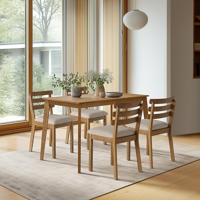 Farmhouse Dining Table Set for 4, Wooden Dining Roon Table and Solid Wood Chairs, 5-Piece Modern Dining Set Home, Kitchen, Dining Room, 4 Upholstered Chairs, Rubberwood Legs