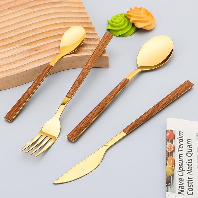 Stainless Steel Flatware Set for 4, Cutlery Utensils Set with Simulated Wooden Handle Include Knives Forks Spoons Service for 4, Mirror Polished and Dishwasher Safe (Gold)