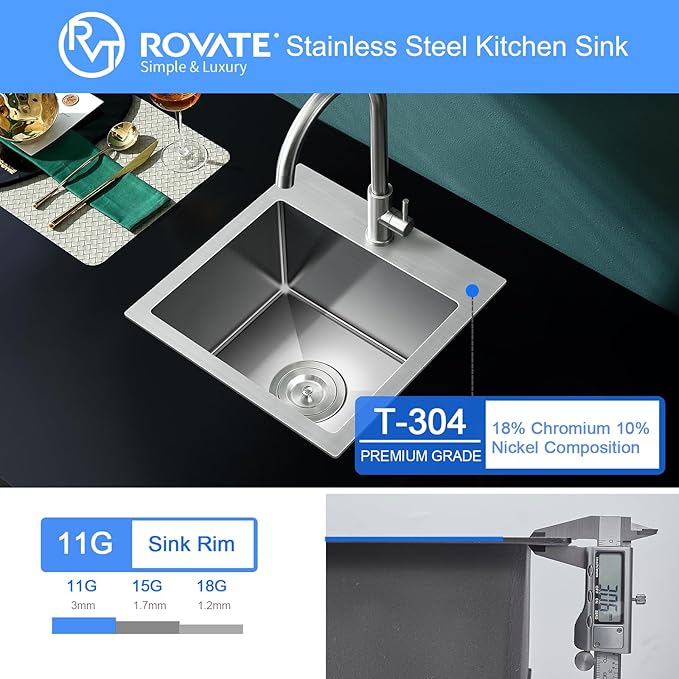 ROVATE 13 x 15 x 8 inch Drop in Bar Sink, Small Kitchen Sink Topmount Single Bowl, 304 Stainless Steel Bar Sinks Overmount Handmade with Basket Strainer