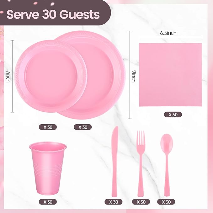 Kochorie 240 Pieces Pink Plastic Dinnerware Set Disposable Heavy Duty Plates Napkins Cups and Silverware Dessert Dinner Plates for Birthday Wedding Baby Shower Party Supplies, Serves 30 Guests