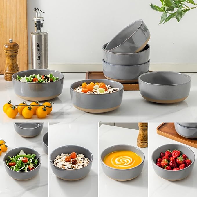 HASENSE 30 OZ Porcelain Soup Bowls, 6" Cereal Bowls - Dark Gray Ceramic Bowls Set of 6 for Soup, Cereal, Oatmeal, Fruit, Rice - Dishwasher & Microwave Safe