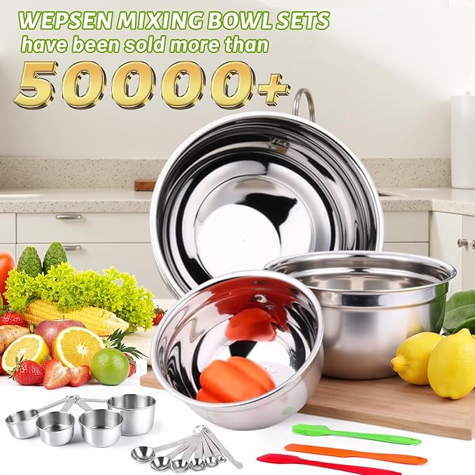 Mixing Bowls with Lid Set, 25PCS Kitchen Utensils Metal Bowl Stainless Steel Nesting Bowls, Measuring Cups and Spoons, Egg Whisk for Baking Prepping Cooking Serving Supplies