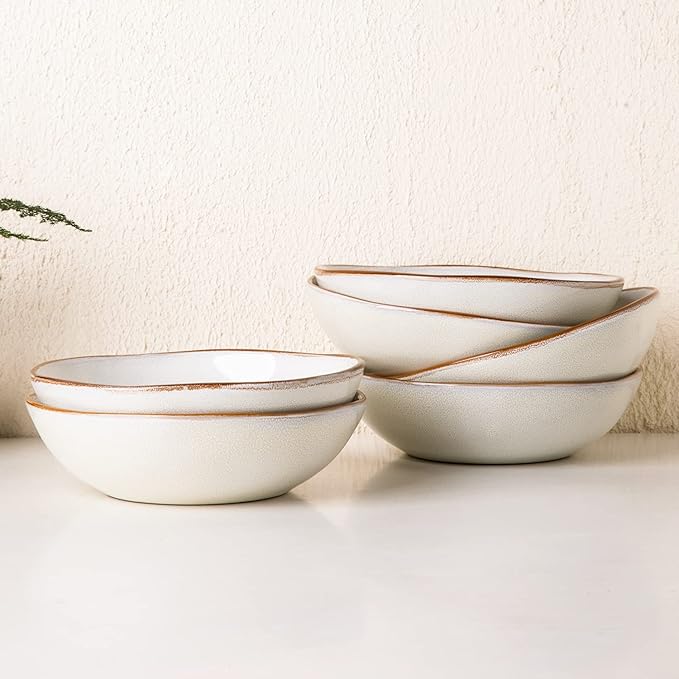AmorArc Ceramic Cereal Bowls Set of 6, 24 oz Handmade Stoneware Bowls Set for Cereal Soup Salad Bread, Stylish Kitchen Bowls for Meal, Dishwasher & Microwave Safe, Reactive-Pearl White