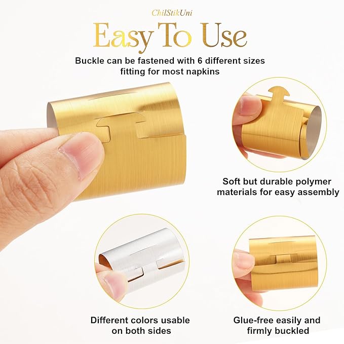 Christmas Napkin Rings Set of 50, 2 Colors in 1, Reusable Adjustable Napkin Bands for Holiday Parties, Wedding, Thanksgiving Table Decor, Waterproof Tear-Proof (Brushed Gold) Great Gift Idea