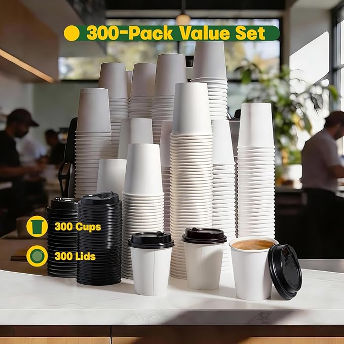 300 Pack 8 oz Disposable Coffee Cups with Lids, Leak-Proof To Go Coffee Cups for Hot/Cold Beverages, Disposable White Paper Cups with Lids for Home Parties, Office, Travel and Events