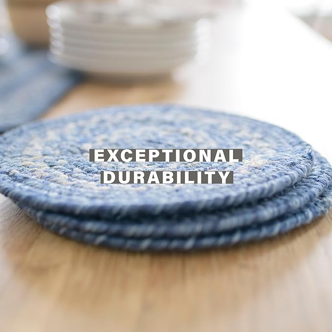 Homespice Denim Jute Braided Trivets for Table, Country Coastal Decor, Set of 3, Blue 8" Round Heat Resistant Mat - Rich Colors, Easy to Clean, Durable and Protects Furniture