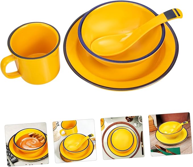ERINGOGO Dinnerware Yellow Asian Style Rice Soup Bowls Plates Lightweight Tableware for Indoor Outdoor Use Easy to Clean and Portable