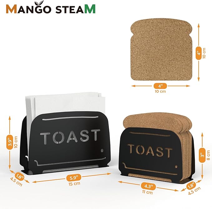 Mango Steam Napkin & Coaster Holder Set, For Home or Kitchen (Toaster, Black)