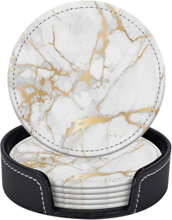 Coasters for Drinks PU Leather,Set of 6 with Holder,Round Housewarming Gift Home Decor,White and Golden Marble