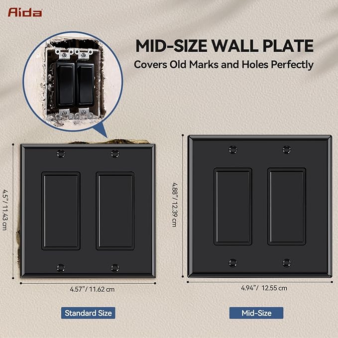 AIDA 2-Gang Decorative Wall Plates, 4.88" H x 4.94" L - Unbreakable Thermoplastic Faceplate Cover for Outlets and Switches, UL Listed - (10 Pack, Glossy Black)