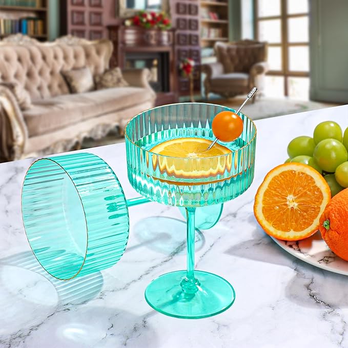 XUWAIDSGN 24 Pcs Champagne Martini Glasses 9 Oz with Gilded Removable Gold Rim Coupe Glasses Pink Martini Glasses Plastic Mimosa Vintage Coupe Glasses Set For Wedding Anniversary (24, Teal)