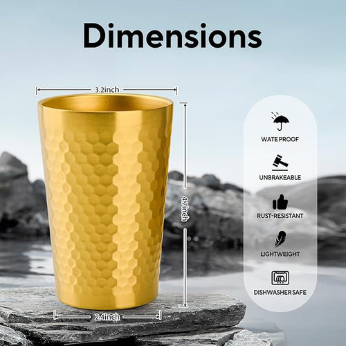 5 Pcs 12 oz Honeycomb Small Metal Cup, Double Wall Vacuum Stainless Steel Insulated Cup, Reusable Camping Cups Unbreakable Indoor Outdoor for Party, Home, Office, BBQ, Gold