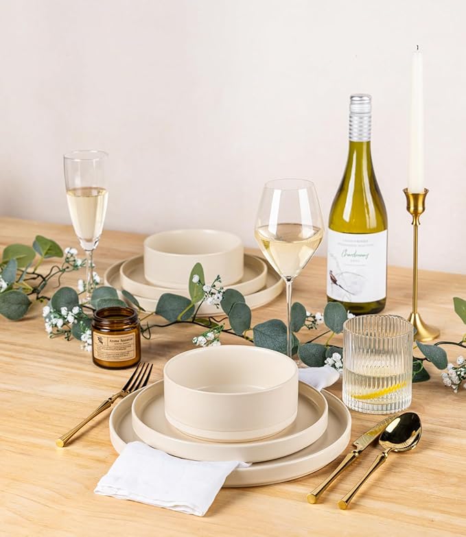 TheTerra Ceramic Dinnerware Sets for 8, 24 Pieces Handmade Reactive Glaze Plates and Bowls Set, Scratch Resistant Dish Set, Oven & Microwave & Dishwasher Safe, Matte White