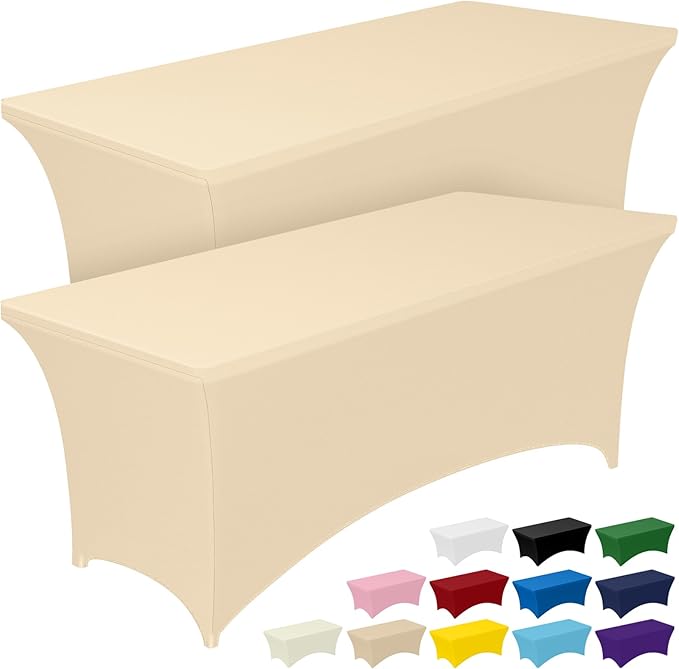 Pureegg Spandex Tablecloth 6ft - 2 Pack, Fitted and Tight Cloth for Rectangle Table, Wrinkle-Free and Stretch Table Cover for Party, Wedding, Banquet and Birthday, Champagne