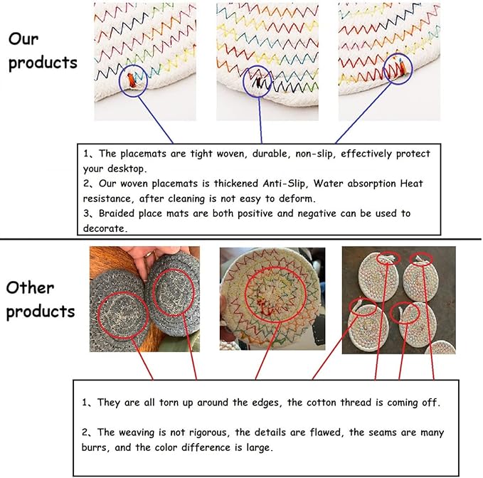Set of 4 Oval Woven Placemats, Cotton Plate Chargers with 4 Pack Round Coasters, Thick Heat Insulation Household Table Mats Braided Bowl Mats Placemats Fabric Rustic Tablemats for Dining Table