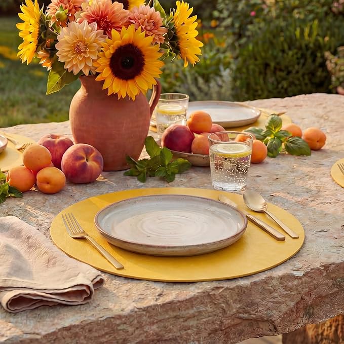 Artoid Mode Yellow Faux Leather Placemats Set of 4, 15 Inch Waterproof Wipeable Heat Resistant Vinyl Place Mats, Reversible Table Mats for Summer Kitchen Dining Decor