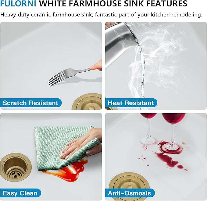 24"x18" White Farmhouse Sink – Reversible Apron Front, High-Gloss Porcelain Ceramic Fireclay Single Bowl Small Kitchen & Bar Farm Sink Basin