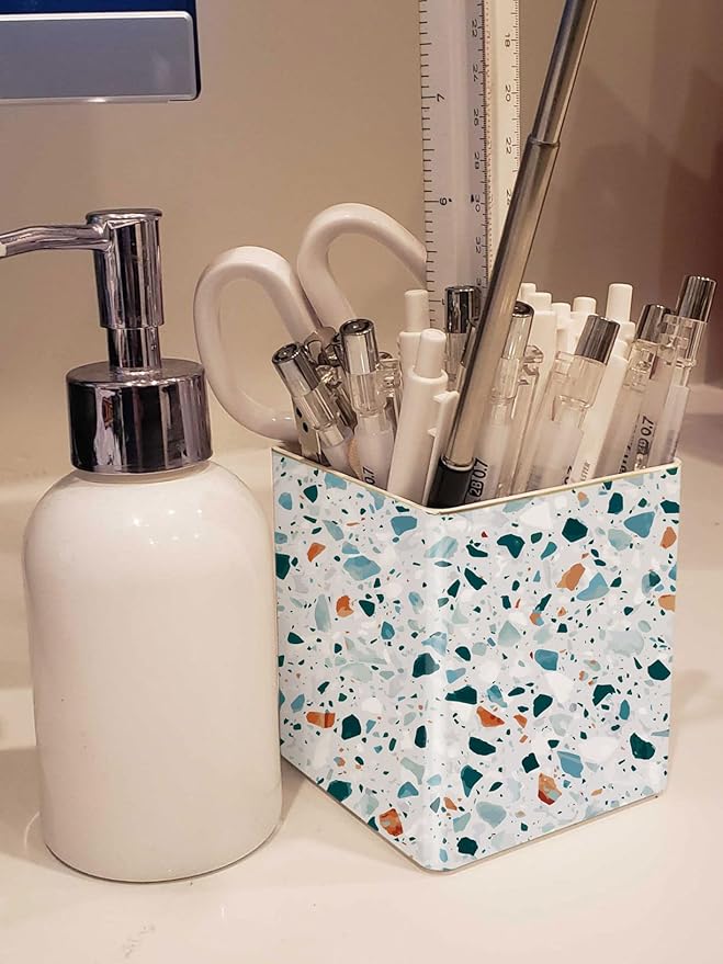 Pen Pencil Holder, Makeup Brush Holder,Ceramic Remote Control Holders Organizer with 2 Compartment Terrazzo Multi-functional Office Organizers Storage Caddy Desk Tv Remote Holders Light Blue