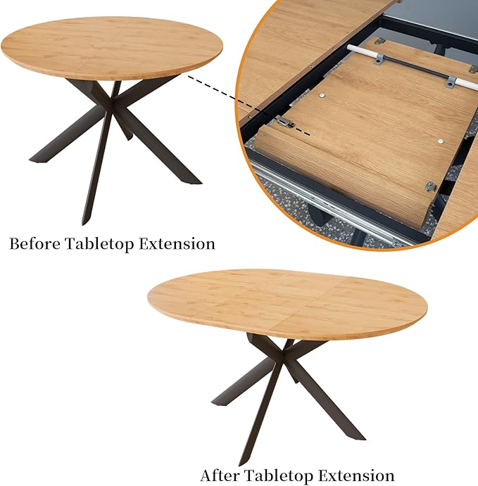 43.2"-59.1" Extendable Round Dining Table Set, Wooden Round Table for 4-6 Person, Oak Coffee Table w/Scratch-Resistant Tabletop