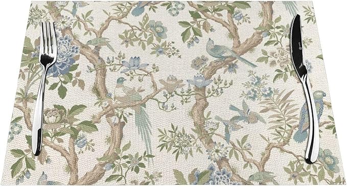 Chinoiserie Floral Place mats Set of 4, 12x18 Inches Green Blue Birds Flower Decorative Placemats Rectangle Floral Table Mats for Party Home Kitchen Dining Table Decoration