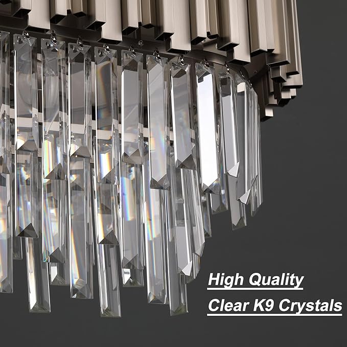 L43.3 Modern Rectangle Crystal Chandelier Nickel Linear Pendant Ceiling Light Fixture for Dining Room Contemporary Oval Raindrop Chandeliers Lighting for Kitchen Island 13-Light