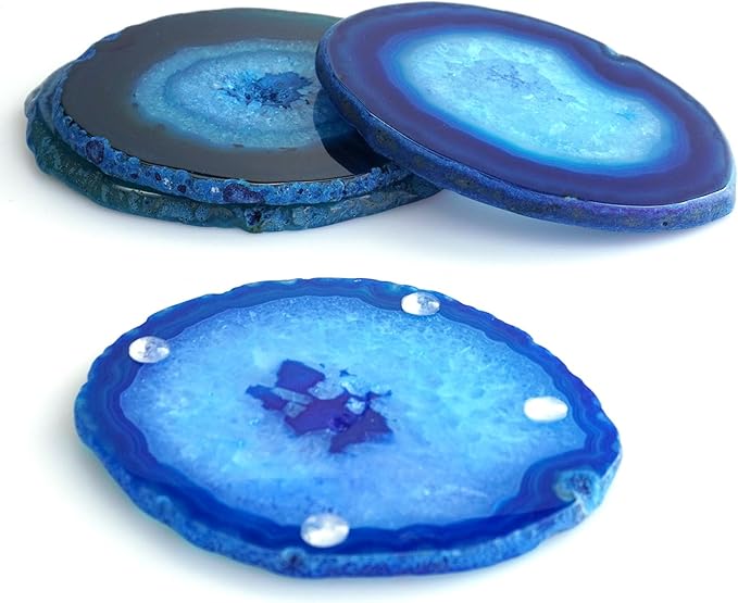 Teal Agate Slices Bulk Geode Coasters Set of 4 with Rubber Bumpers - Unique 4-5 Inch Dyed Stone Drink Crystal Cup Coasters for Home Decor, Coffee Table, Bar Accessories