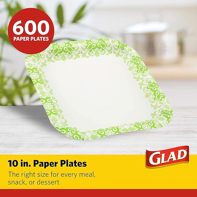 Glad Square Disposable Paper Plates for All Occasions | Soak Proof, Cut Proof, Microwaveable Heavy Duty Disposable Plates | 10" Diameter, 600 Count Bulk Paper Plates
