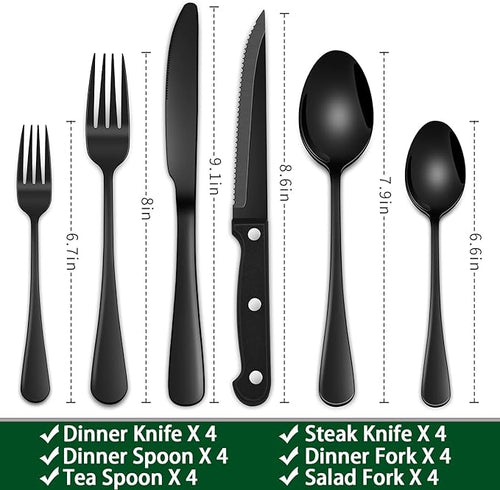 24-Piece Black Silverware Set with Steak Knives, Black Flatware Set for 4, Food-Grade Stainless Steel Tableware Cutlery Set, Mirror Finished Knife Spoon And Fork Sets for Home Restaurant