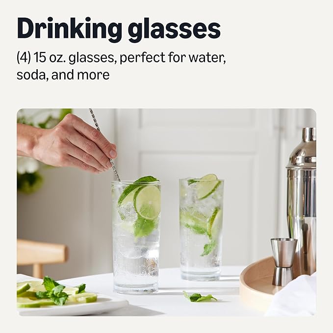 Amazon Basics Drinking Glasses, 4-Piece Set, 15 oz., Dishwasher-Safe