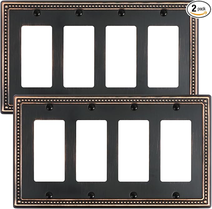 2-Pack Quad Decorator Outlet Cover Plate, Pearls Decorative Switch Plates and Outlet Covers, 4 Gang Aged Bronze Metal Wall Plates, Corrosion Resistant