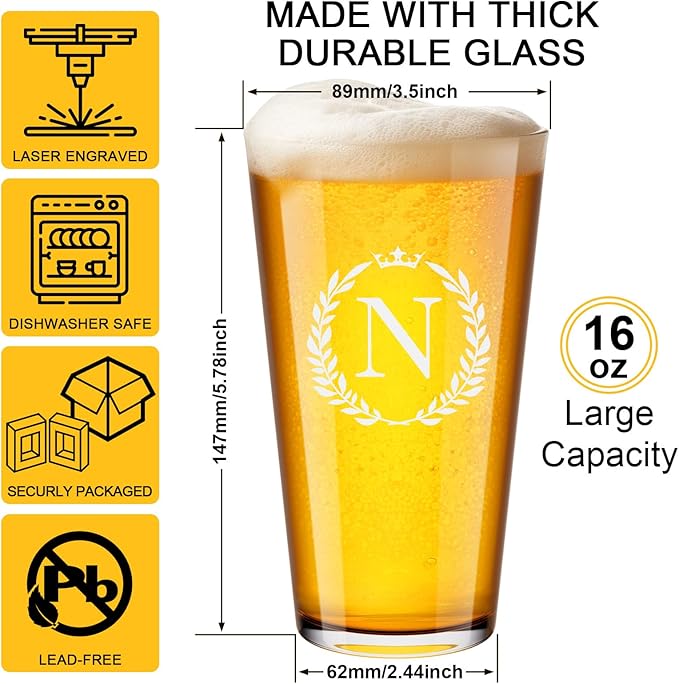 Personalized Beer Glasses Gifts for Men, 16 oz Pint Glasses Monogrammed A-Z Drinking Glass Cups Customized Gift, Unique Christmas Anniversary Birthday Gifts for Men Him Dad Brother Husband Grandpa (N)