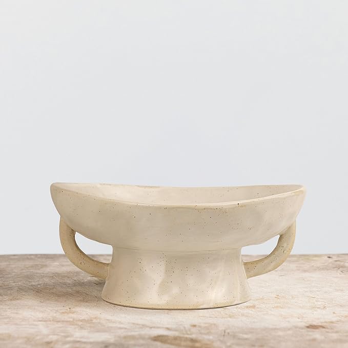 Creative Co-Op Stoneware Footed Pedestal Bowl with Handles, Reactive Glaze, White
