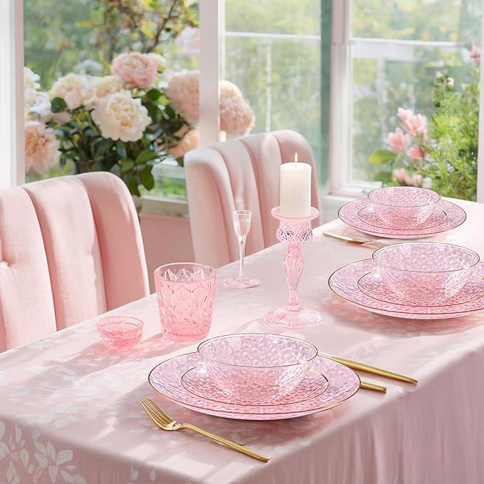 I00000 20 Pack 12 Ounce Pink Plastic Bowls Hammered Gold Rimmed Crystal Like, Heavy duty Disposable Bowl Set,Elegant Soup/Salad/Dessert/Ice Cream Small Bowls For Valentine's Day Party, Weddings