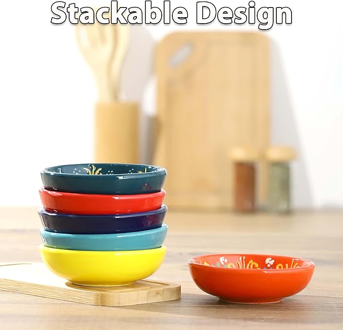 Ceramic Small Bowls, Dipping Bowls Set of 6, 2.5 Oz Soy Sauce Dish, Handmade Charcuterie Bowls, Colorful Pinch Bowls, Dishwasher & Microwave Safe Sauce Bowls, 3.3" Mini Bowls (SULTAN'S GARDEN)