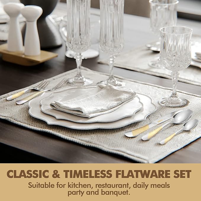 40-Piece Silverware Set, Luxury Gold Silverware Kitchen Flatware Sets Service for 8, Premium Cutlery Utensil Set with Dinner Knife Spoon Fork Set, Durable Stainless Steel Tableware Sets