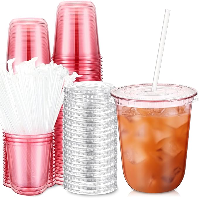 50 Sets Clear Plastic Cups with Lids and Straws, Disposable Iced Coffee Cups Drinking PET for Cold Drinks, Juice, Smoothie, Coffee Shops, Party, Christmas (Pink,14 oz)