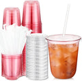 50 Sets Clear Plastic Cups with Lids and Straws, Disposable Iced Coffee Cups Drinking PET for Cold Drinks, Juice, Smoothie, Coffee Shops, Party, Christmas (Pink,14 oz)