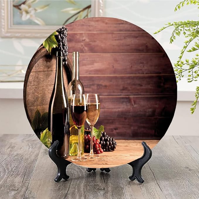 Ceramic Display Plate, Wine Ceramic Hanging Decorative Plate, Still Life of Wine with Wooden Keg Rustic, 10 Inch, Household Custom Ceramic Plate, Brown Green Light Brown