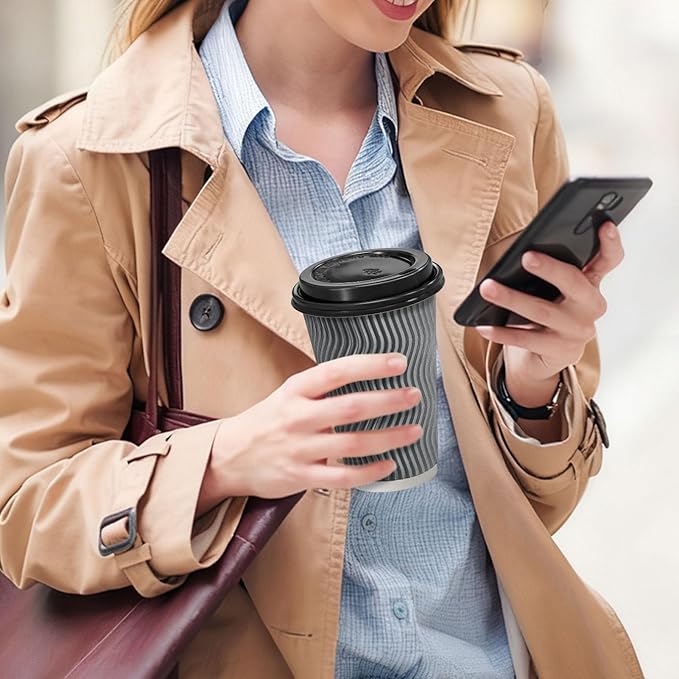 100 Pack 16 oz Disposable Coffee Cups with Lids, Insulated Ripple Wall To-Go Paper Coffee Cups Suitable for Chocolate Cocoa and Hot/Cold Drinks (Grey)