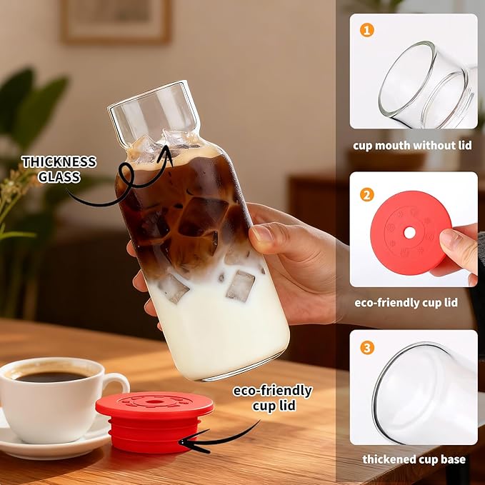 Glass Cup with Silicone Lid and Straw, 23 Oz Drinking Glasses Water Bottle Vintage Glassware for Iced Coffee, Juice, Cocktails, Whisky Tumbler for Gift 2 Pack