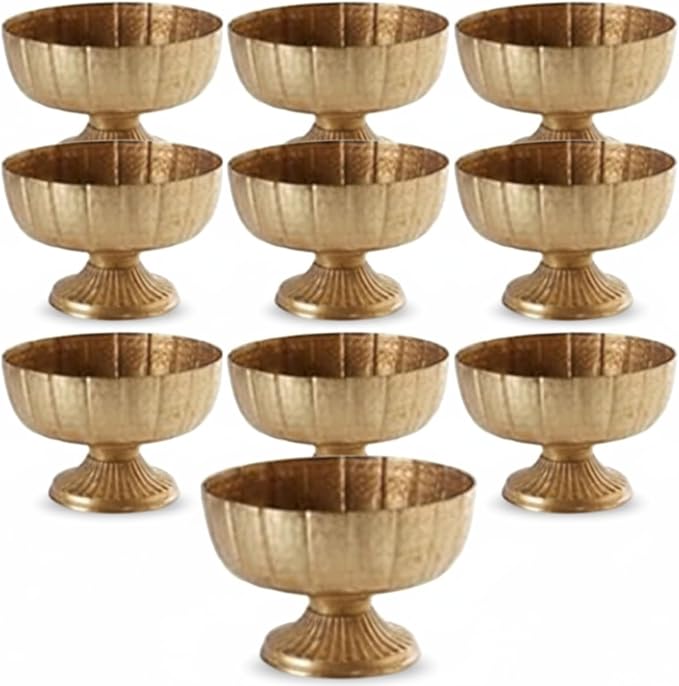 Distressed Gold Metal Compote Bowl Compote Vase Centerpieces for Table Pedestal Vase for Wedding Birthday Party Anniversary Indoor Outdoor Activity, 8 Diameter(Distressed Gold,10 Pcs)