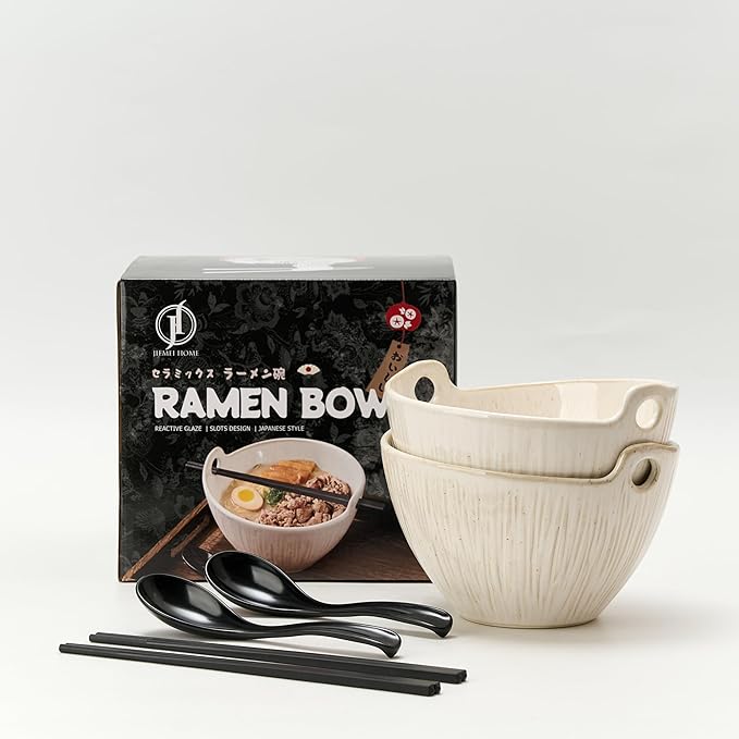 Ramen Bowl with Chopsticks and Spoons Set, 7 Inch Ceramic Noodle Bowl Set of 2, Dishwasher Safe for Pho Udon Soba Noodle Salad Pasta, Special Reactive Glazed White Bowls Set