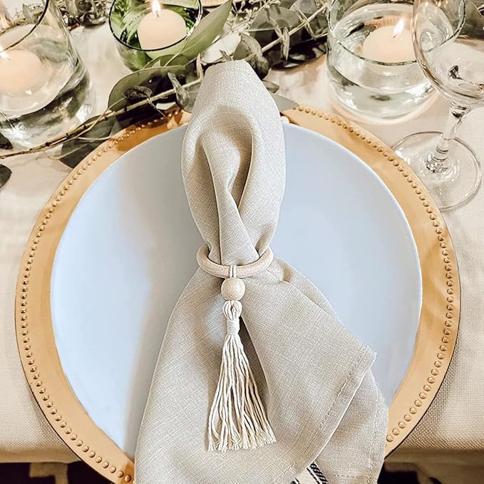 Napkin Rings Set of 6 - Wooden Beads Napkin Rings | Rustic Wooden Napkin Ring Holder for Table Decoration | Handmade LEBEJUA Napkin Ring with Wood Bead & Tassels Farmhouse Napkin Holder Boho Style