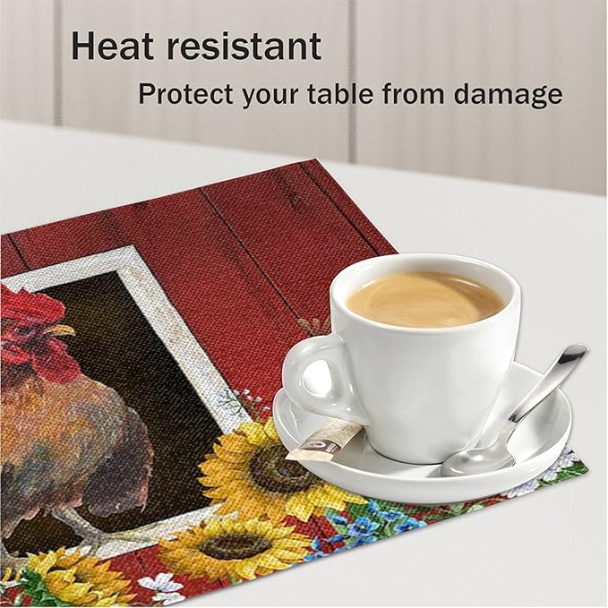 Watercolor Red Barn Cock Placemat Set of 4, Rooster Sunflowers Heart Heat-Resistant Washable Table Place Mats for Kitchen Dining Table Decoration