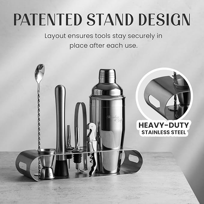Mixology & Craft Cocktail Shaker Set with Stainless Steel Stand - 9-Piece Bartender Kit with Recipe Cards - Cocktail Mixer & Barware Tool Set