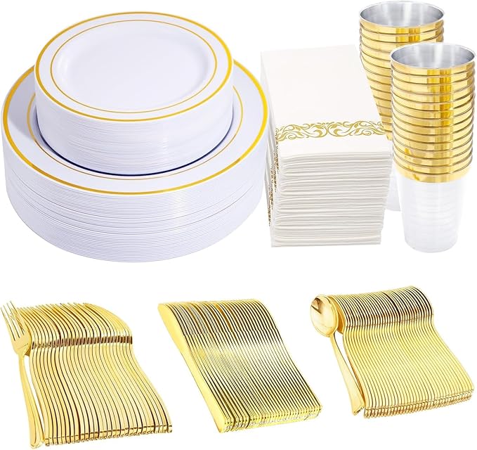 350 Pieces White and Gold Plastic Plates - 50 Guest Dinnerware Set Include 100 Plates, 50 Gold Plastic Silverware, 50 Paper Napkins and 50 Cups for Party Wedding Valentine's Day