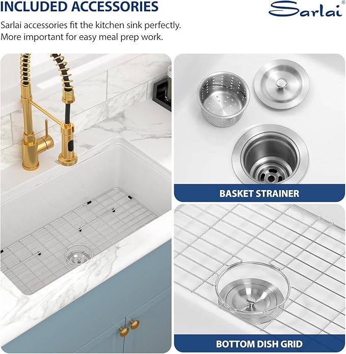 Sarlai 30 Inch White Undermount Sink Fireclay 30x18 Inch White Kitchen Sink Dual Drop in & Undermount Kitchen Sinks Single Bowl Deep Porcelain Ceramic Basin