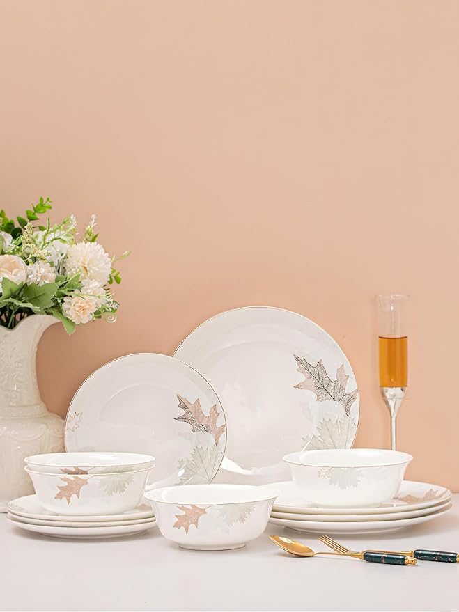 Artistic Bone China Dinnerware Set with Gold Trim, Crafted with Traditional Chinese Artistry, Glazed Inner Patterns, Service for 4 – Maple Leaf Collection
