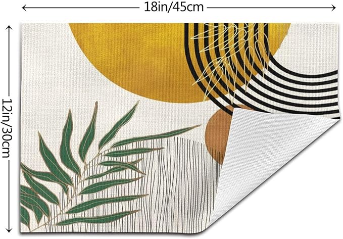 Mid Century Placemats 12x18 Inches Set of 4,Abstract Modern Boho Green Yellow Tropical Leaf Decorative Rectangle Table Mats for Party, Home Kitchen,Dining Table Decoration