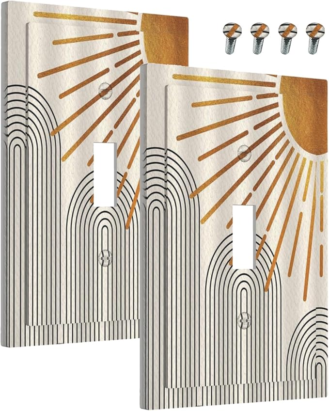 Decorative Light Switch Cover Mid Century Boho Sun Beige Minimalist Abstract 1 Gang Wall Plate Cover Single Toggle Outlet Covers Switchplate Electrical Faceplate for Bathroom Bedroom（2 Pack）